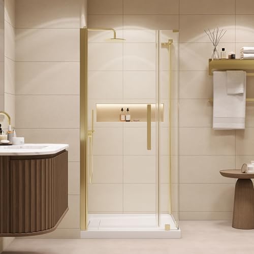 OVE Decors Pasadena 36 in. W x 36 in. D x 74 3/4 in. H Corner Frameless Pivot Shower Door Kit in Brushed Gold with Base Pan, 2025