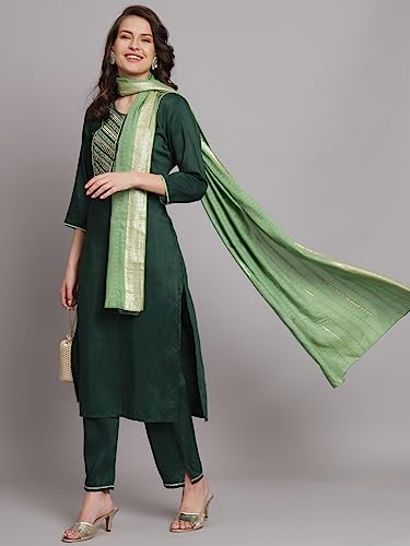 Image of VredeVogel Women Cotton Slub Straight Kurta Set With Pant and Net Embroidery Dupatta