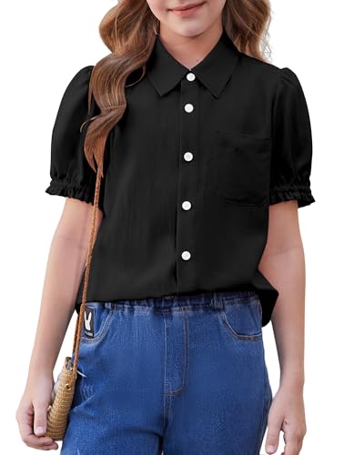 Hvididan Girls Short Sleeve Shirts Casual Turn Down Collar Lantern Sleeve Ruffle Cuffs Button Down Blouses with Pocket, Black, 7-8 Years