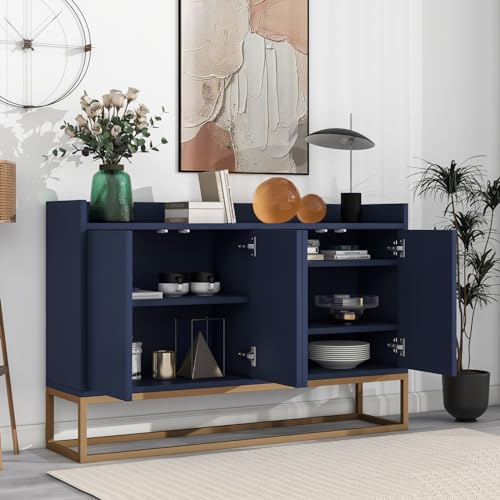KeepGoon Aparador de almacenamiento moderno de estilo minimalista, armario buffet de 4 puertas sin mango, para comedor, sala de estar, cocina (azul marino)
