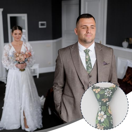Image of Luckyvestir Ties for Men, Sage Green Cotton Floral Tie 2.76 inch Flower Printed Men's Neckties for Wedding /Groomsmen /Suit /Party