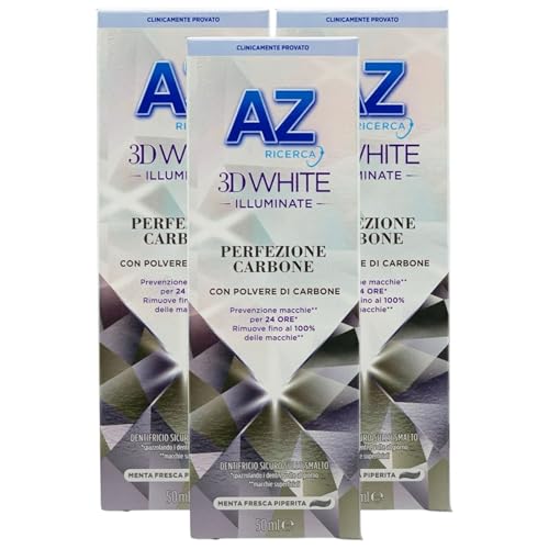 Dentifricio 3D WHITE Illuminante PERFEZIONE CARBONE, Con Polvere Di Carbone. Gusto Menta Fresca Piperita, Prevenzione Macchie Per 24 Ore, Sicuro Sullo Smalto 50ml (3 Unità)