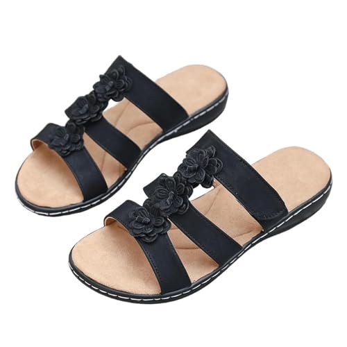 2025 Women's Floral-Embellished Slip on Sandals, Comfortable Low Wedge Slides with Arch Support for Wide Feet, Plus Size