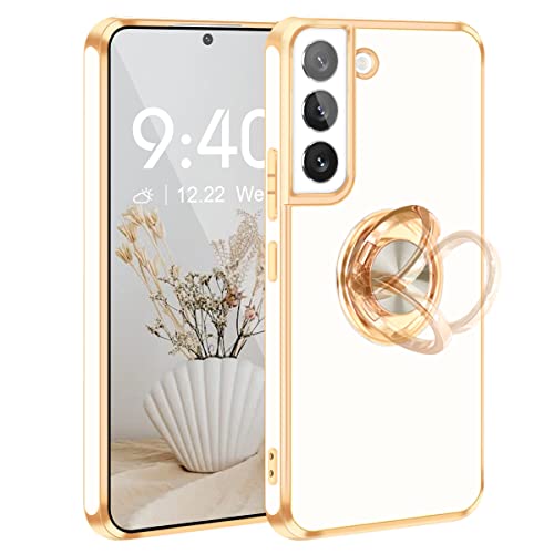 Coque Samsung S22 avec anneau blanc et bord doré Fingic