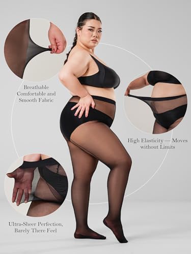 SUREPOCH 2 Pairs Plus Size Backseam Black Pantyhose for Women 20D T - Crotch Nylon Sheer Tights Reinforced Toe 1X 2x 3x 4x4