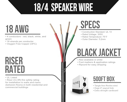 Voltive 18/4 Speaker Wire - 18 AWG/Gauge 4 Conductor - UL Listed Riser Rated (CL2R/CL3R/CMR) - Oxygen-Free Copper (OFC) - 500 Foot Bulk Cable Pull Box - Black
