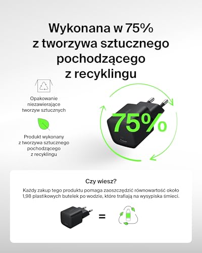 Belkin ładowarka sieciowa USB-C 25 W – szybkie ładowanie USB-C PD 3.0 z PPS dla urządzeń Apple iPhone 16, iPhone 15 Plus, Pro, Pro Max, iPad, Samsung Galaxy S25, Pixel 9, Nintendo Switch – czarna