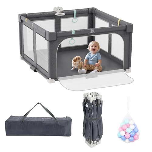 Image of Xilingol 50" X 50" Foldable Playpen, Potable Baby Play Yard with Carry Bag, Baby Gate Playpen with Anti-Slip Suckers & Zipper Gate, Toddler Fence Play Area with 4 Handlers & 50 Ocean Balls (Grey)
