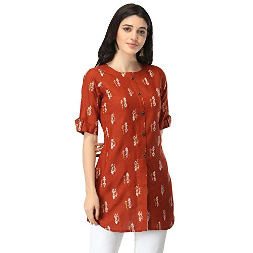 Image of OM SAI LATEST CREATION Slub Rayon Fully Stitched Anarkali Foil Print Kurti for Women & Girls on Jeans Palazzo or Skirt (Plus Size Upto 2XL) (Black)
