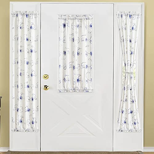Image of VOGOL French Door Curtains, Rod Pocket Light Filtering Curtains for Doors with Glass Window, Blue Foral Embroidery Design for Kitchen Patio Doors, 25 x 72 Inches, 1 Panel