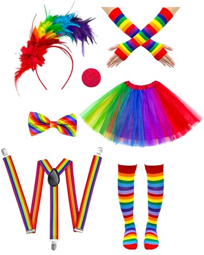 Yezmo Conjunto de 7 peças de fantasia de palhaço para mulher, penas, bandana, luvas, meias, saia tutu arco-íris, costas em Y, alças ajustáveis, laço e nariz