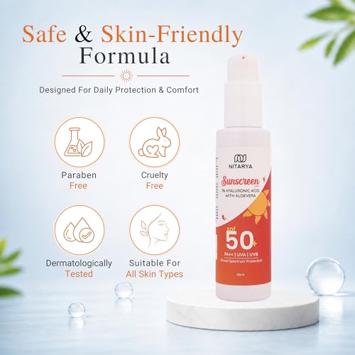 Image of Sunscreen SPF 50+ PA++ with 1% Hyaluronic Acid & Aloe Vera | Broad Spectrum UVA UVB Protection | No White Cast, Lightweight & Hydrating Daily Use Sunscreen for Face & Body | Natural, Paraben Free | 100ml