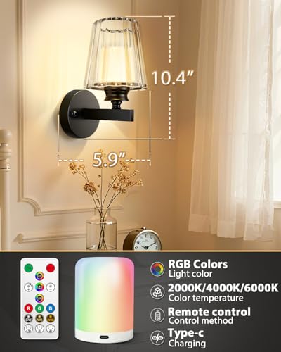 Image of Adetu 10.4 Inch Crystal Wall Sconces Set of 2, Battery Operated Wall Sconce | 10000mAh Dimmable Magnetic Bulbs and Remote, 5%-100% Dimmable, RGB Rechargeable Wall Lamp for Bedroom Living Room Decor