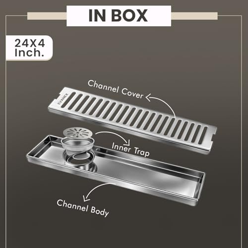 Image of EVANEX Bathroom Drainer | 24x4 Inches Shower Drain Channel | Waste Water Linear Floor Drain Channel | 304 Stainless Steel Bathroom Drainer with Anti Cockroach Trap | Bathroom Jali