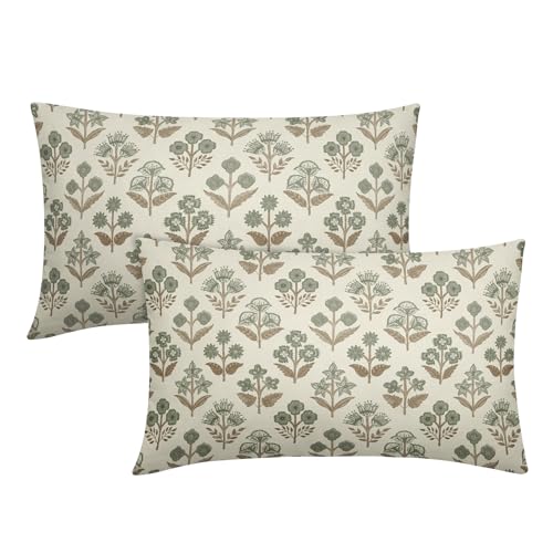 Brown Green Floral Pillow Covers 12x20 Inch Set of 2, Block Print Lumbar Flower Cream Decorative Throw Pillowcases Outdoor Farmhouse Rectangle Cushion Covers Spring Summer Sofa Couch Bed Decor