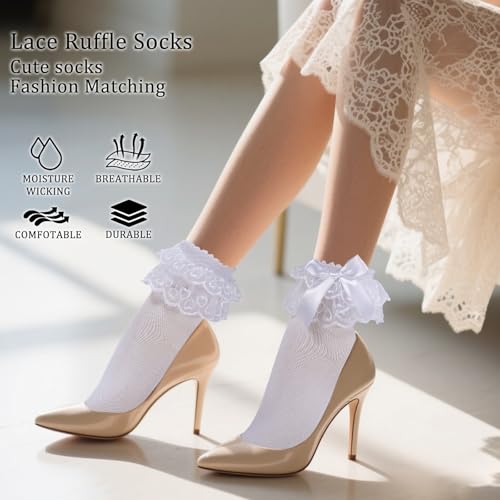 Image of 3 Pairs Women Ruffle Socks Adult Double Lace Frilly Sock with Bow Back,Size 9-11