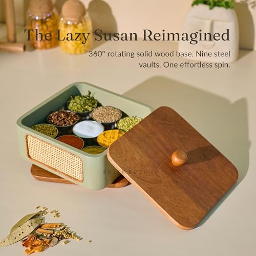 Image of Brick Brown Jali Wooden Masala Box with Lid | 9 Stainless Steel Containers & Wooden Spoon | Handcrafted Spice Box Organizer with 360 Rotating Base | Masala Dani for Kitchen Storage (8.3 x 4.3 Inch)