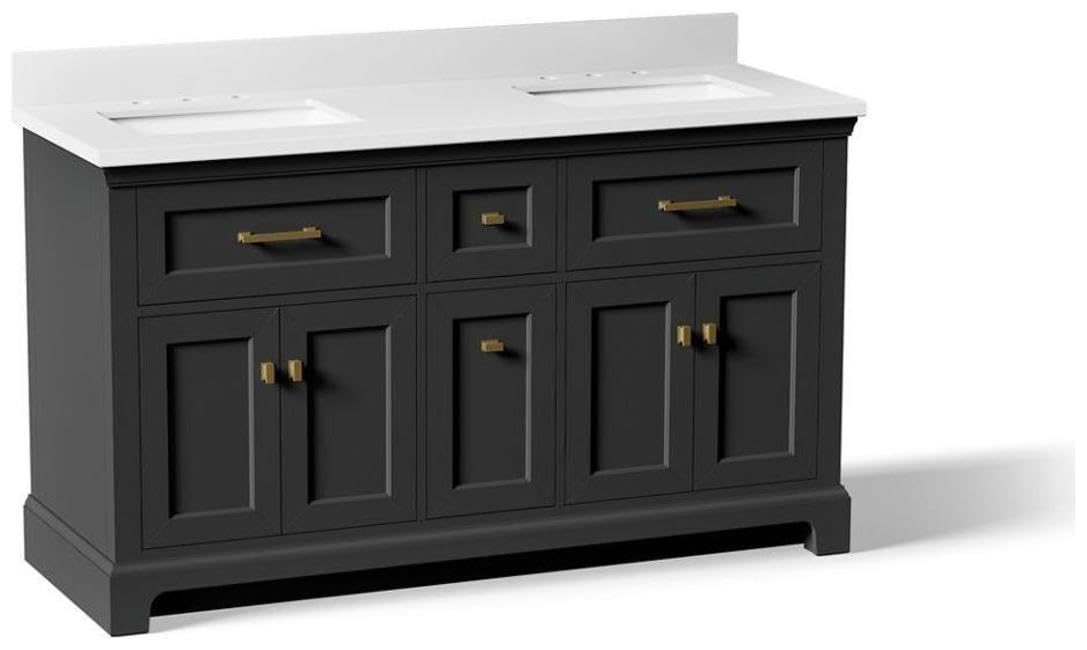 Kohler Charlemont 60" Bathroom Vanity Cabinet with White Double Sinks and Quartz Top, Modern Bathroom Storage, Dark Warm Grey, K-29263-BD1-DWG