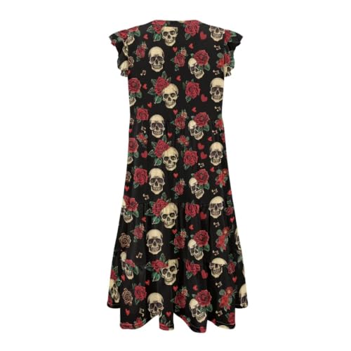 Image of Womens Summer Dress Ruffle Sleeve V Neck Dress Casual Fit Flowy Beach Vacation Sundress with Pocket S-2XL