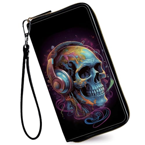 Image of Women's Wallets,Credit Card Holder Money Leather Long Wallet with Wristlet,Large Capacity with Zip-Around Phone Purse for Women Ladies Girls,Skull with Headphones