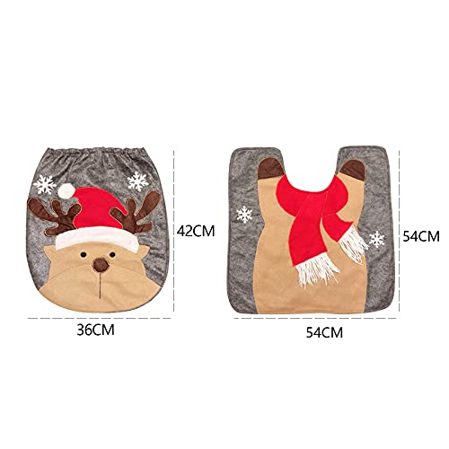 Chedin Toilettensitzbezug Weihnachten WC Sitz Cover Teppich Weihnachtsdeko Toilette Dekorationen Weihnachtsmann Schneemann Elch Toilettenvorleger Set 2 Stücke (Elch) – Bild 8