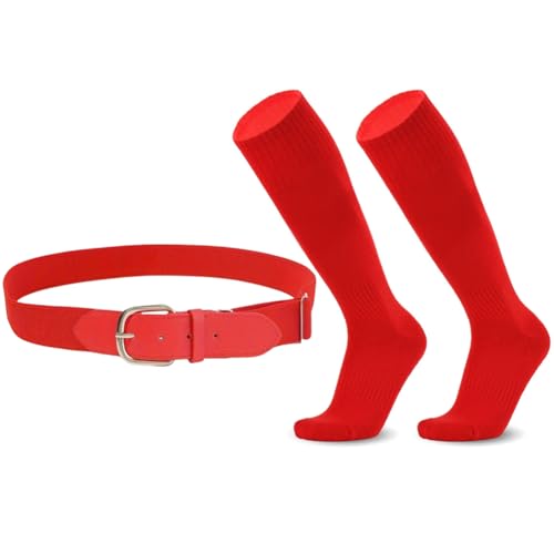 VASANA - VASANA Ensemble de chaussettes et ceinture de baseball rouges réglables pour softball, ceinture élastique en cuir PU, accessoire de sport pour jeunes unisexe (convient pour les pointures de chaussures