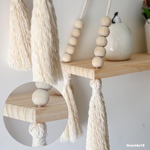 Gravidu18 Hängeregale mit Seil (2er-Set mit Haken), Holzseilregale, Wandregal, Makramee-Regale, schwebende Regale, Schaukelregal aus rustikalem Holz, Weiß, Vintage für Innenbereich (Weiß)