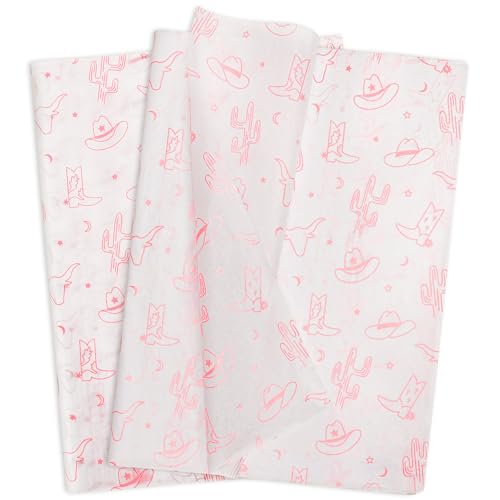 Hi Sasara 60 Sheets Pink Western Cowgirl Tissue Paper, 14 x 20 inch, Cowboy Hat and Boots Tissue Paper for Gift Bags, Birthday