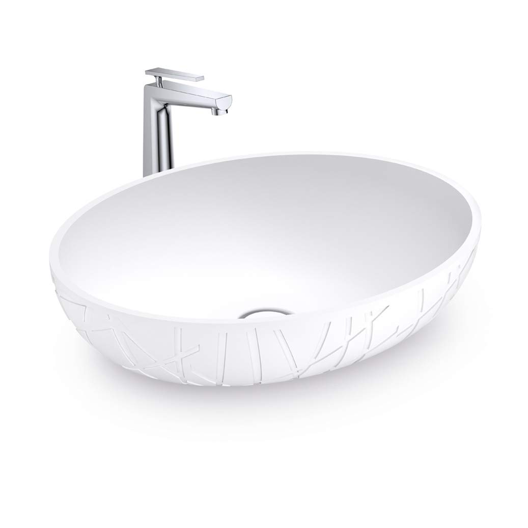 Lavabo di appoggio LEO in colata minerale (Solid Stone) - 50 x 40 x 12 cm - Bianco opaco, Con piletta Pop-up