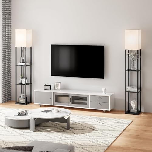 Image of HOMIFLY 4 Tier Metal Floor Lamp with Wooden Shelves /Square Lamp with 3 Adjustable Color Mode /Corner Display Book & Vase Shelf /Standing Night Lamps for Living-Study Room /Bedroom /Home Decor(Black)