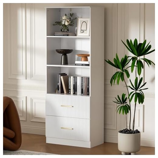 Housoul Modern White Bookshelf with Drawers