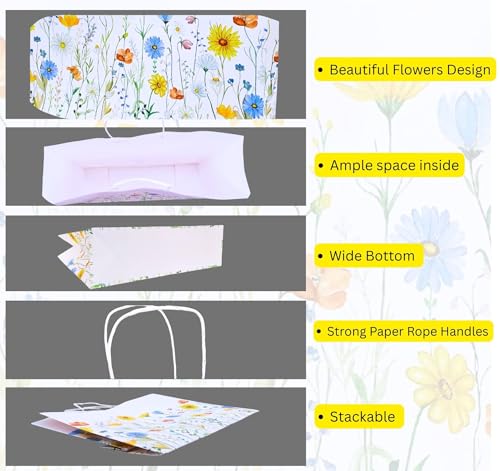 Image of Gitanjali Paper Curves Gift Bags- 5pcs 15.5x12x4.5 inch Floral Design Large Paper Bags with Handle, Return Gift Bag, Party Favor Goodie Treat Bag, Paper Carry Bags, Disposable Paper covers (Large-Floral, Pack of 5)
