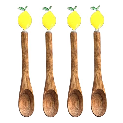 Wooden Stir Spoon for Honey Coffee Stirring Tea Yogurt Jars, Cute Small Wooden Spoon for Eating, Collection Spoons, Holiday Wooden Teaspoon 5.1 Inches Length(4pcs) (Lemon)