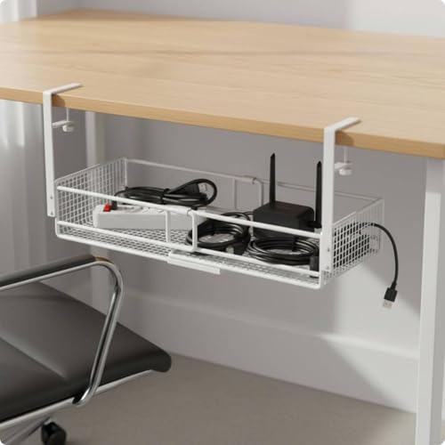 Range-câbles sous table de travail blanc : panier de bureau à visser