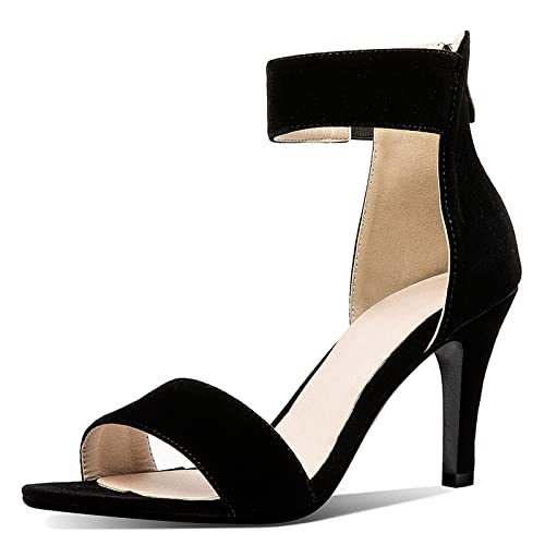 Gicoiz Punta Abierta Sandalias Mujer Tacón de Aguja Bomba Boda Correa de Tobillo Elegante Bridesmaid Formal Tacón Alto Zapatos Gamuza Cuero Negro Talla 47 EU-49Cn