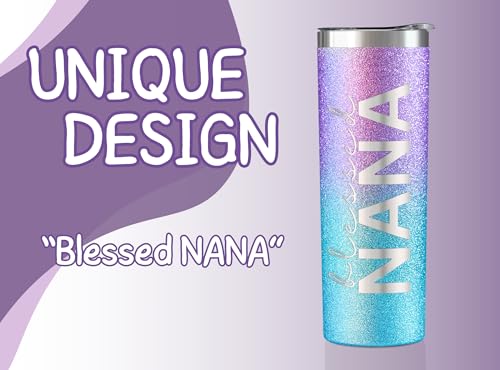 Image of Onebttl Christian Grandma Gifts for Mother's Day, 20oz Purple & Blue Glitter Skinny Tumbler, Straw & Lid Included, Nana Gifts - Blessed Nana