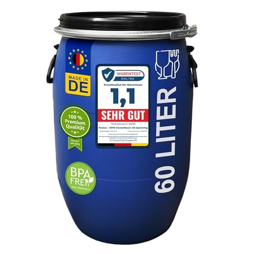 plasteo® 60 L Weithalsfass mit Spannverschluss | Lebensmittelecht | Universalfass | Futtertonne | Regen Maische Tierfutter Trinkwasser Camping Lagerfass | Stapelbar | Blau