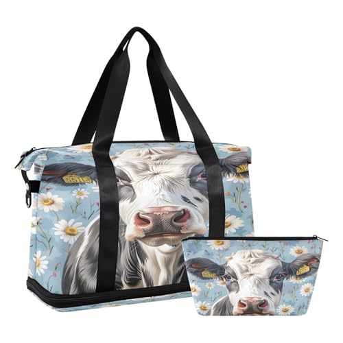 Cow and Daisy Flowers Gym Bag for Women Sport Travel Duffel Bag Shoulder Weekender Overnight Bags with Wet Pocket & Shoe Compartment