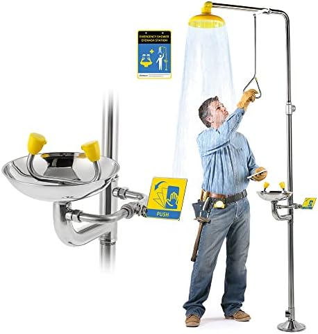 Frifreego Emergency Shower Eye Wash Station Combination Eyewash Station with Safety Shower Device, 304 Stainless Steel Eye Wash Shower Station for lab worksite Factory, Include a Eyewash Sign