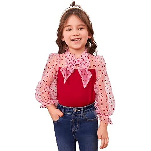 WDIRARA Toddler Girl's Heart Print Mesh Top Blouse Red 6Y Cover