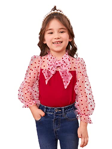 Image of WDIRARA Toddler Girl's Heart Print Sheer Mesh Cute Bow Front Long Sleeve Party Top Blouse