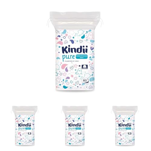 Kindii Pure – Gasas Bebé (1x60 Piezas) – 100% Algodón, limpieza facial, cambios de pañal – Delicadas para pieles sensibles, no se deshilachan – 60 Piezas (Paquete de 4)