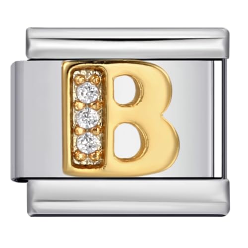 Image of Mon & Sons B Crystal 18k Letter Initial Name Tag Alphabet Personalised Birthday Silver Italian 9mm Link Stainless Steel Bracelet Charm Compatible With 9mm Link