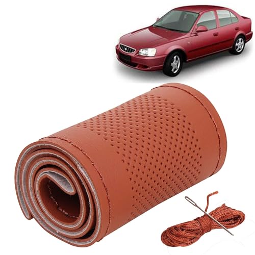 Image of KINGSWAY PU Leatherite Car Steering Cover Sewable Compatible with Hyundai Accent (Year 1999-2016), Tan Color with Tan Thread, Pack of 1 with Sewing Needle and Thread