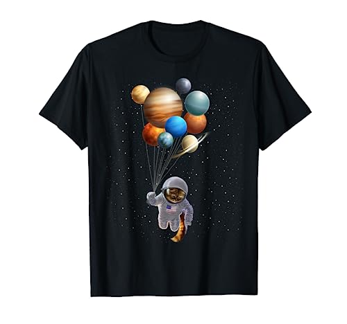 Astronaut Cat in Space Holding Planet Balloon, T-Shirt for Men Women Kids