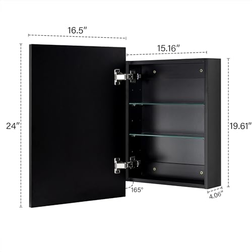 Image of TEHOME 16.5'' x 24'' Black Recessed and Surface Mount Bathroom Medicine Cabinet with Mirror Matt Black Square Cornered Metal Framed Rounded Rectangle Medicine Cabinet Mirror
