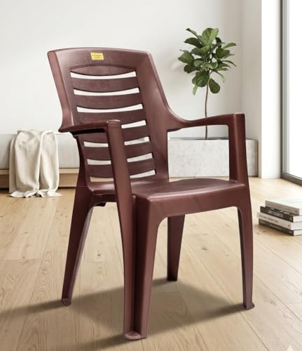 Image of Patiofy Plastic Arm Chair for Living Room, Heavy Duty Plastic Chair for Home and Outdoor, Solid Back Support, Comfortable Seating with Arm Support, 200 Kg Capacity (Maxim Brown- Set of 1)
