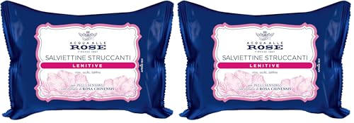 Acqua alle Rose, Lingettes démaquillantes apaisantes pour peaux sensibles à l'extrait de rose de Chinensis avec effet protecteur et dissolvant sur le visage, les yeux et les lèvres, 20 lingettes