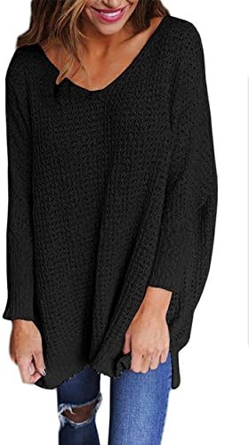 Women's Oversized Knitted Sweater Tops Long Sleeve V-Neck Loose Pullovers Warm Blouses (XL, Black)