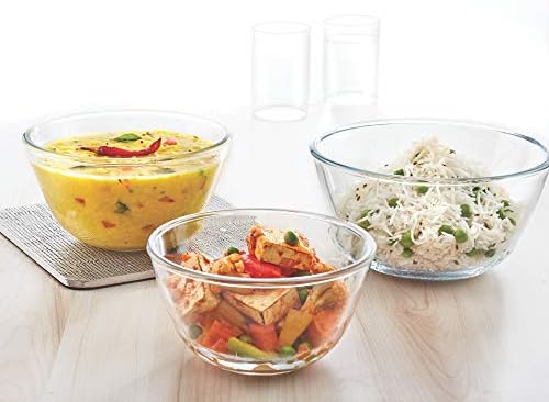 Borosil Select Serving & Mixing Bowl | Set of 3 (500ml + 900ml + 1.3L) | Borosilicate Glass Bowl for Kitchen & Dinning | Multipurpose Bowl for Mixing Dough, Salad, Batter | Microwave & Dishwasher Safe